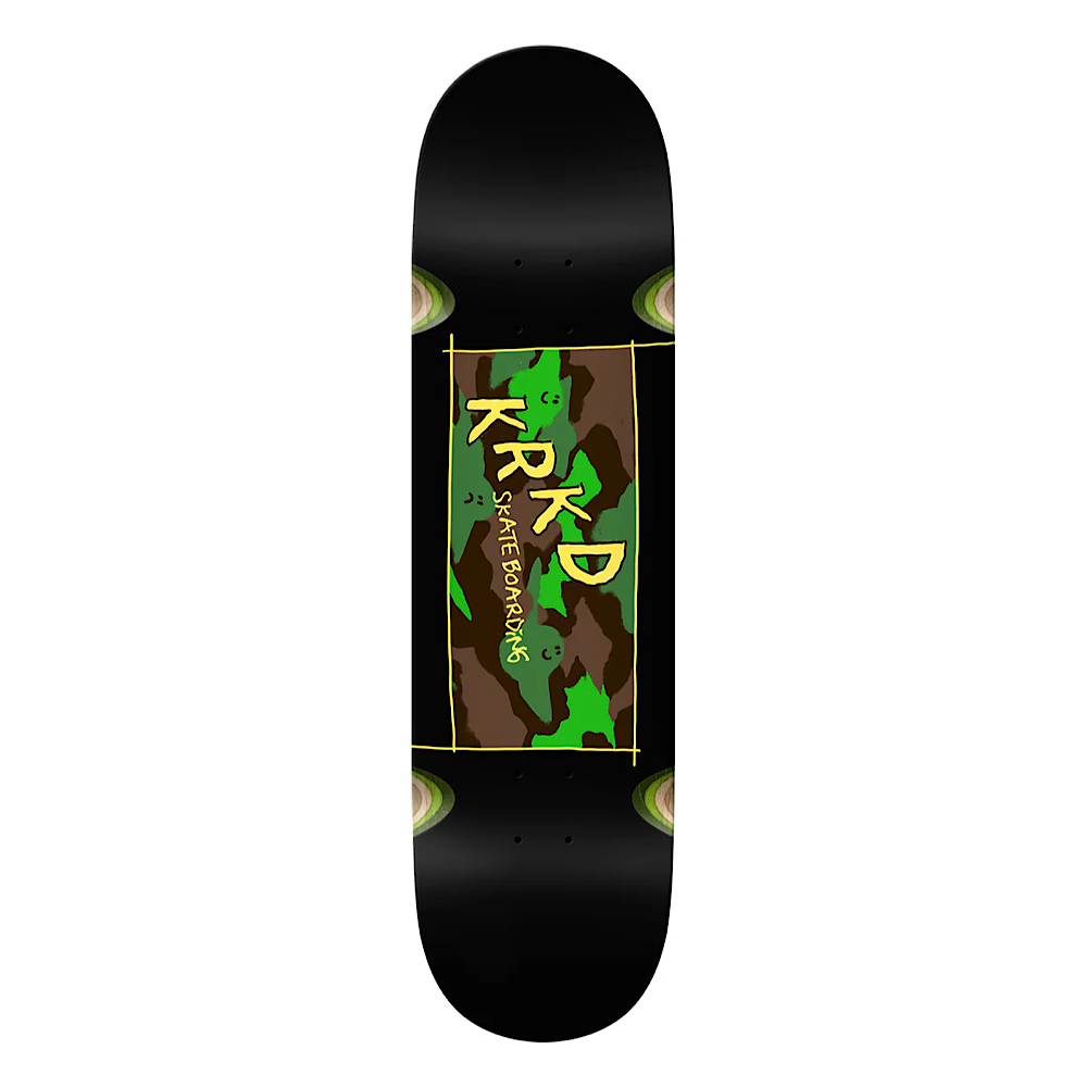 Skateboard deck with green and brown camo graphic, yellow accents, black base.