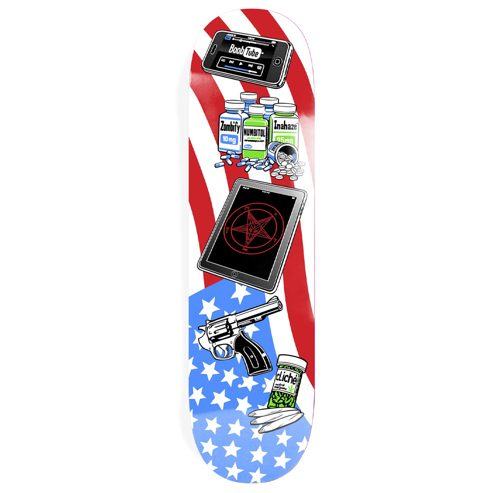 Skateboard deck with red-white-blue illustration, stars, bottles, and black circular emblem