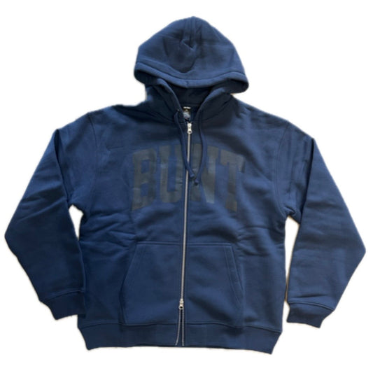 Navy blue college hoodie with hood and double front zippers