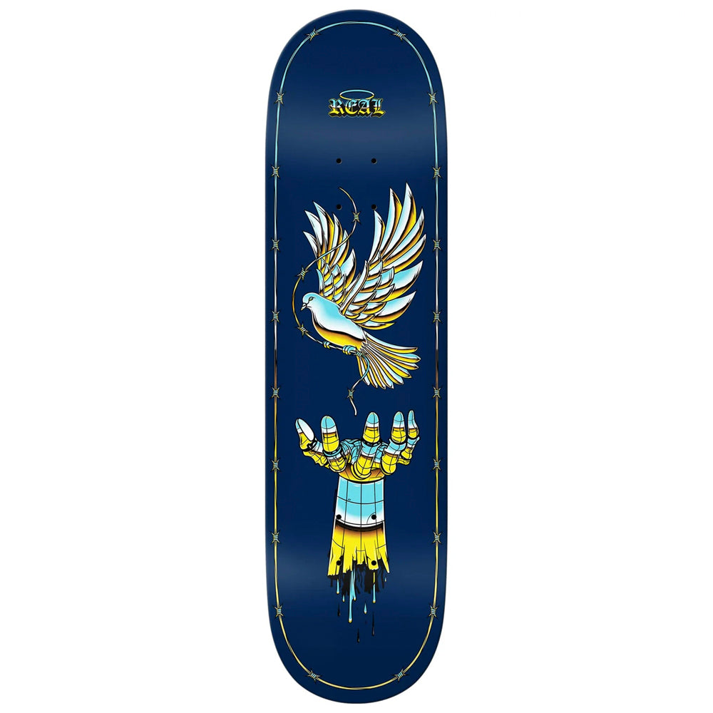 Dark blue skateboard deck with gold angel wing graphic and star accents