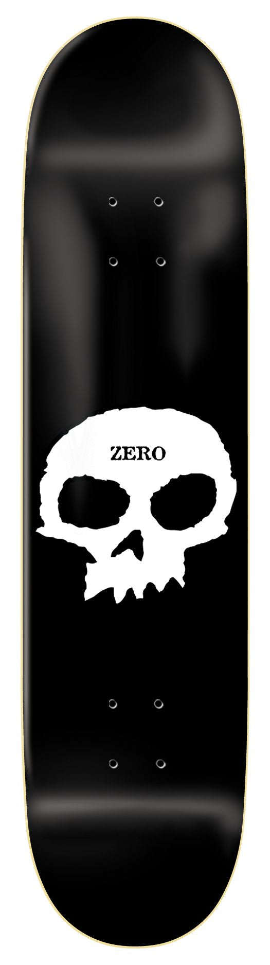Black skateboard deck with skull graphic and metal stud accents