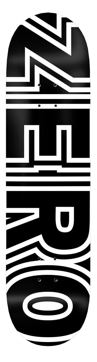 Black skateboard deck with bold white graphic letters and striped design