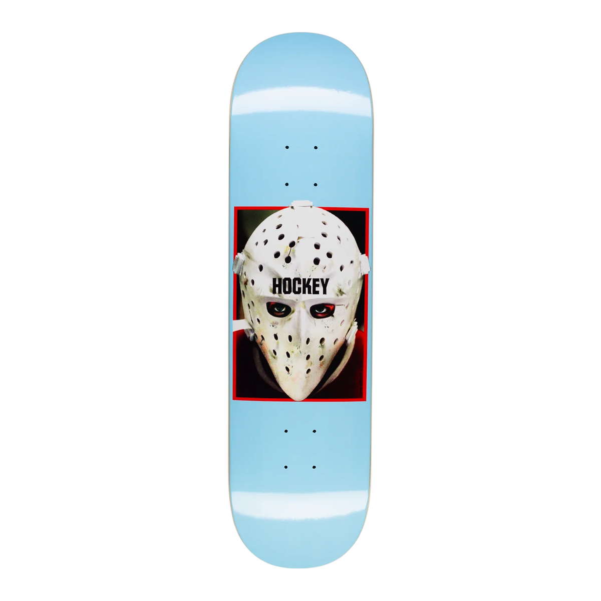 Skateboard deck with small white hockey mask graphic and HOCKEY text on light blue deck