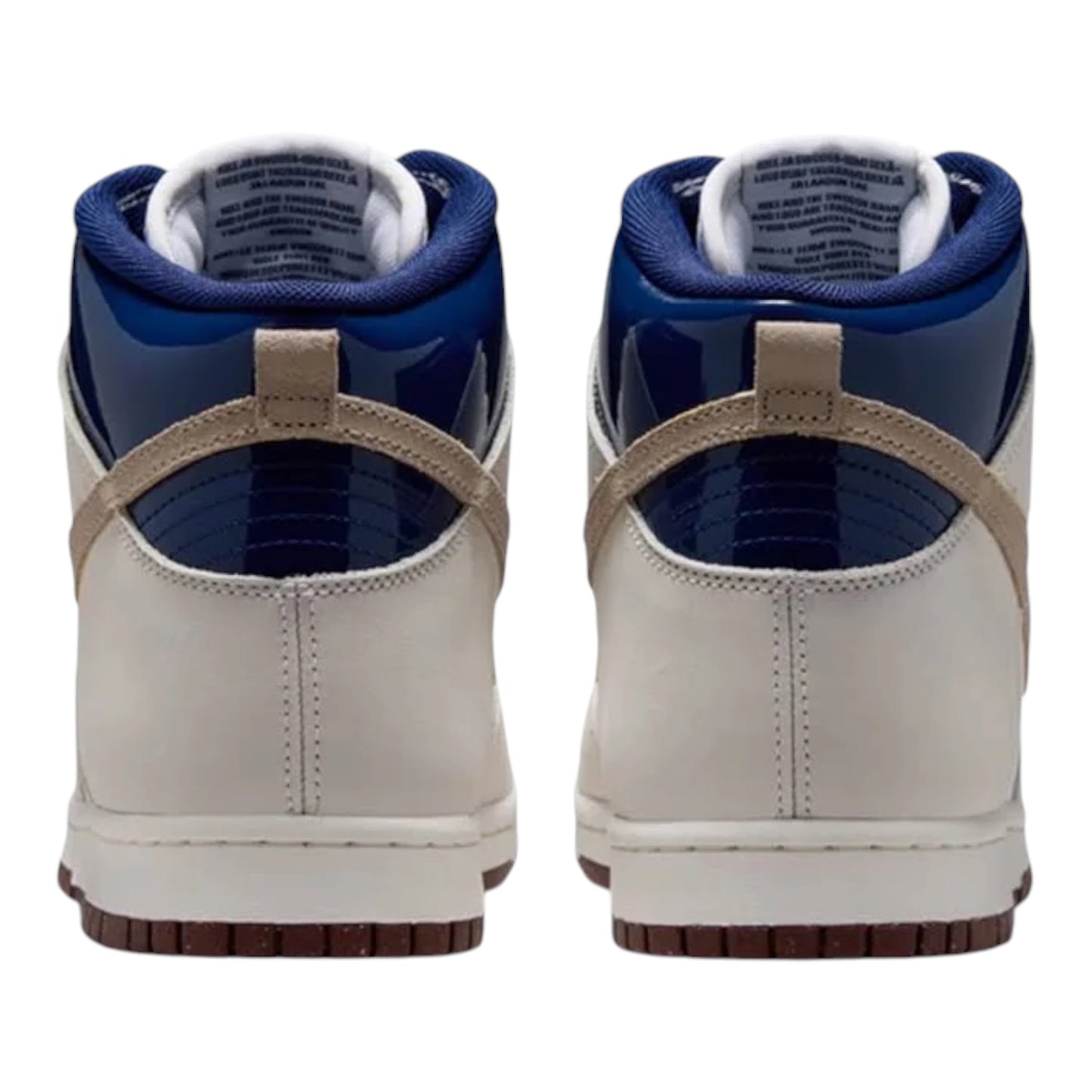 Back view of white high-top sneaker with blue lining, tan heel strap, and dark sole