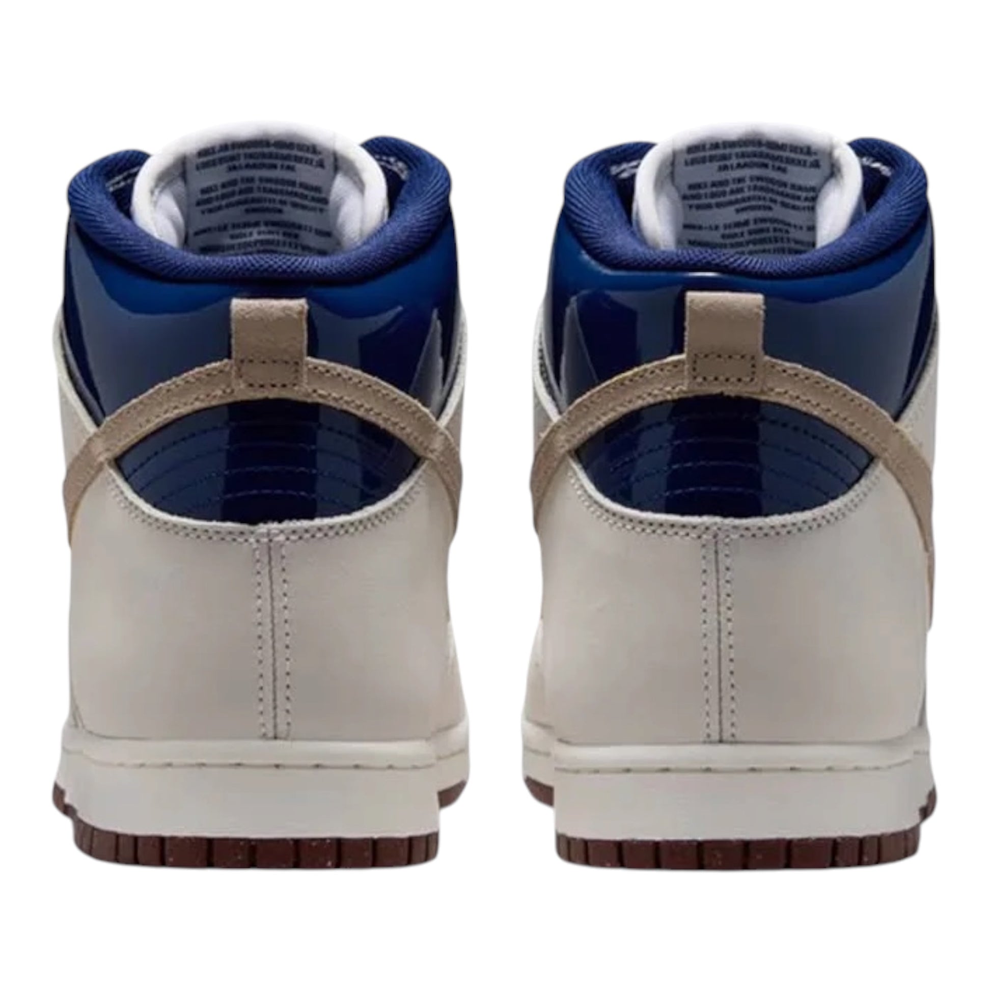 Back view of white high-top sneaker with blue lining, tan heel strap, and dark sole