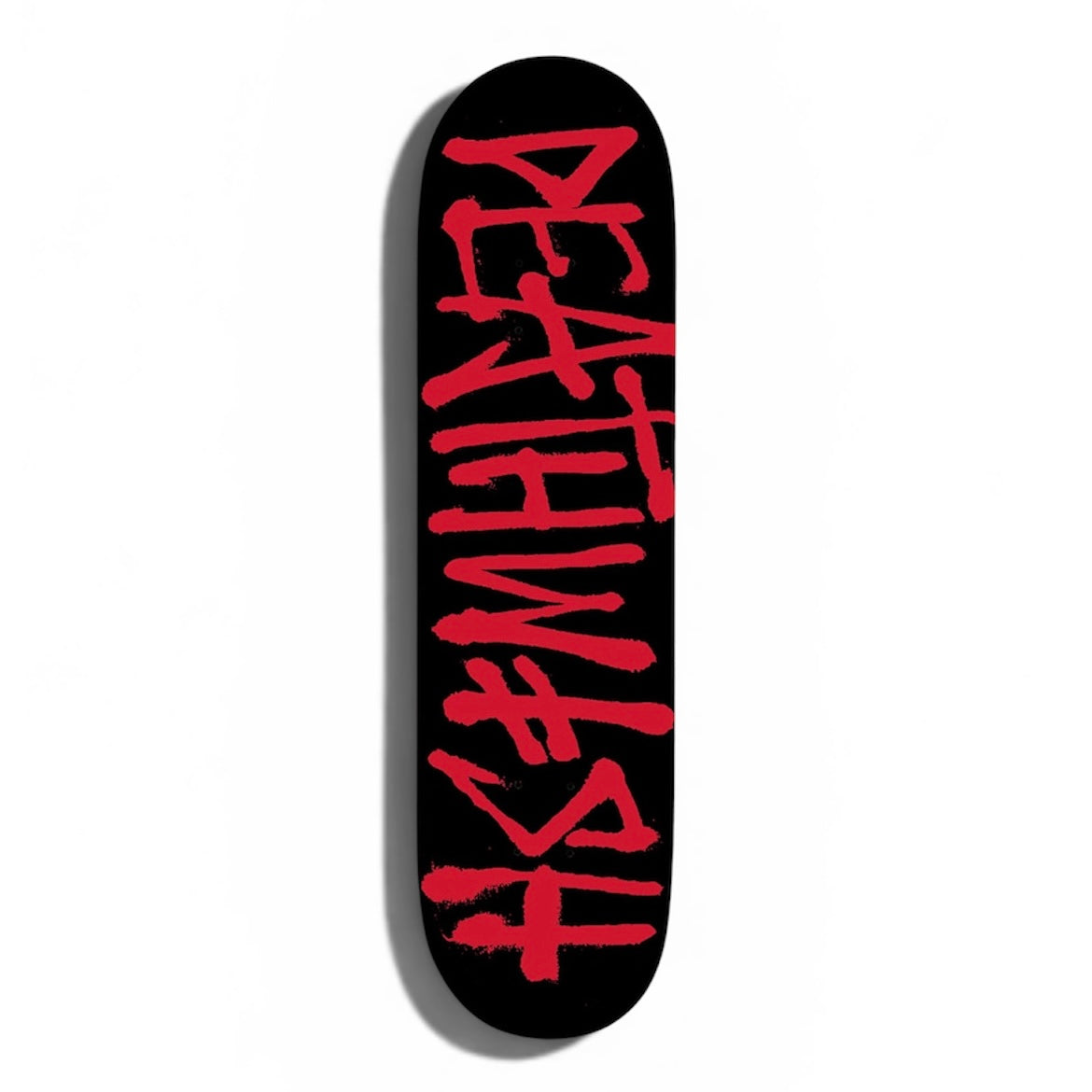 Skateboard deck, black with red graffiti-style lettering