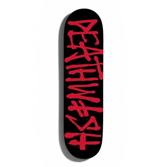 Skateboard deck, black with red graffiti-style lettering