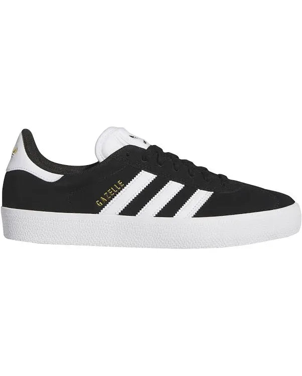 Black low-top lace-up sneakers with white three-stripe side and Gazelle logo