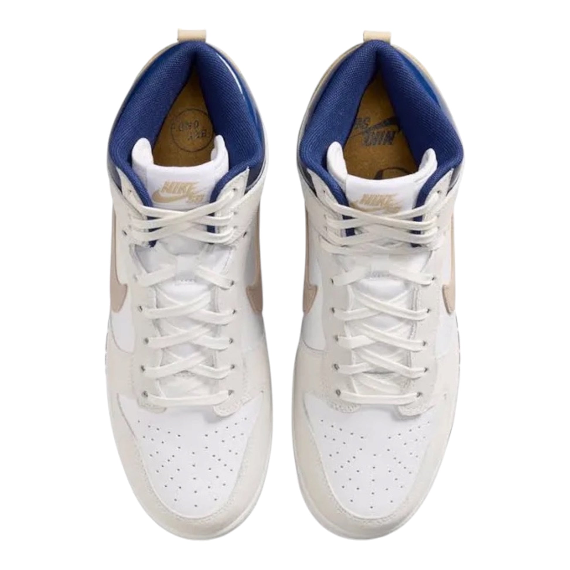 Pair of white high-top sneakers showing blue inner lining and lace-up fronts