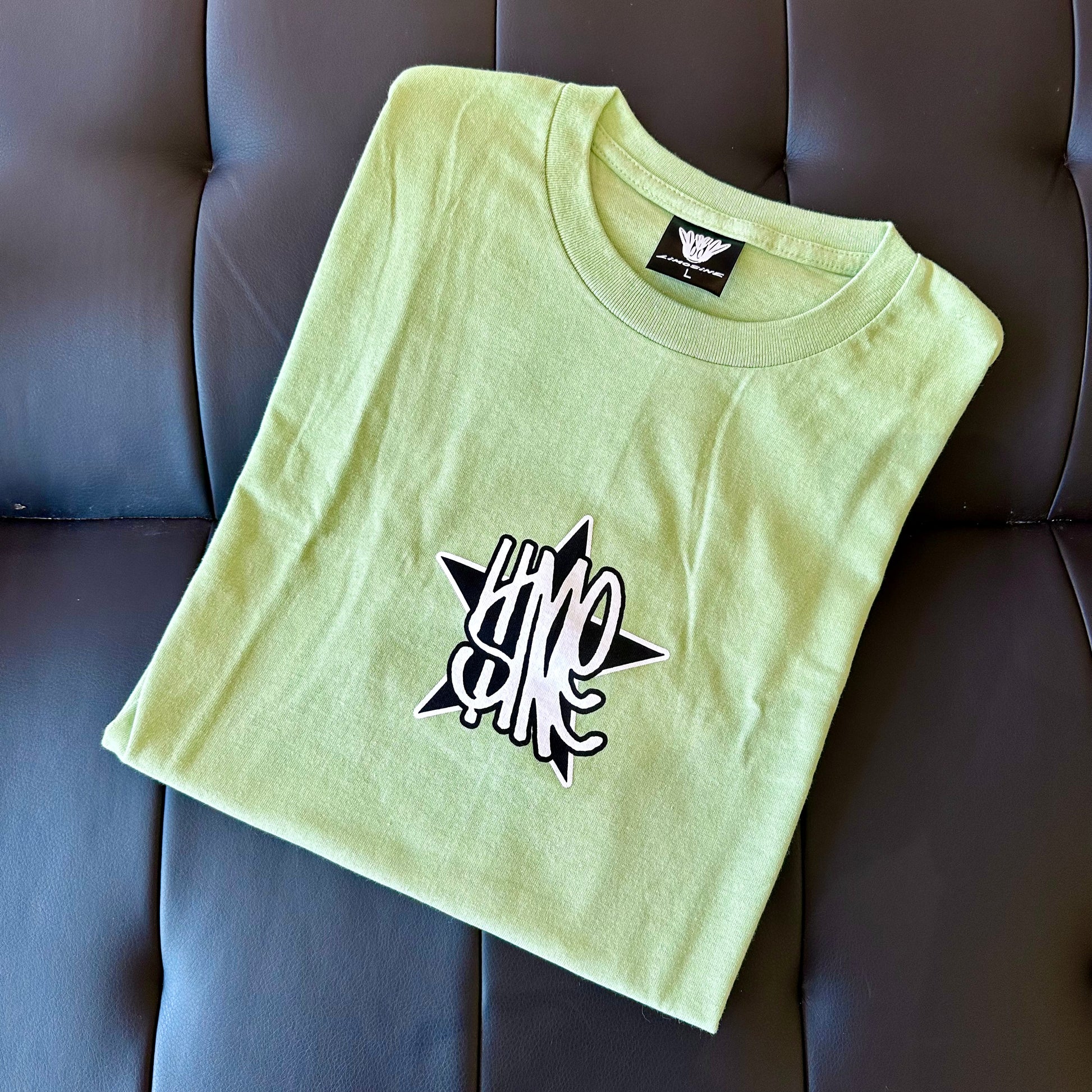 Pistachio crew-neck graphic tee with star logo print, short sleeves