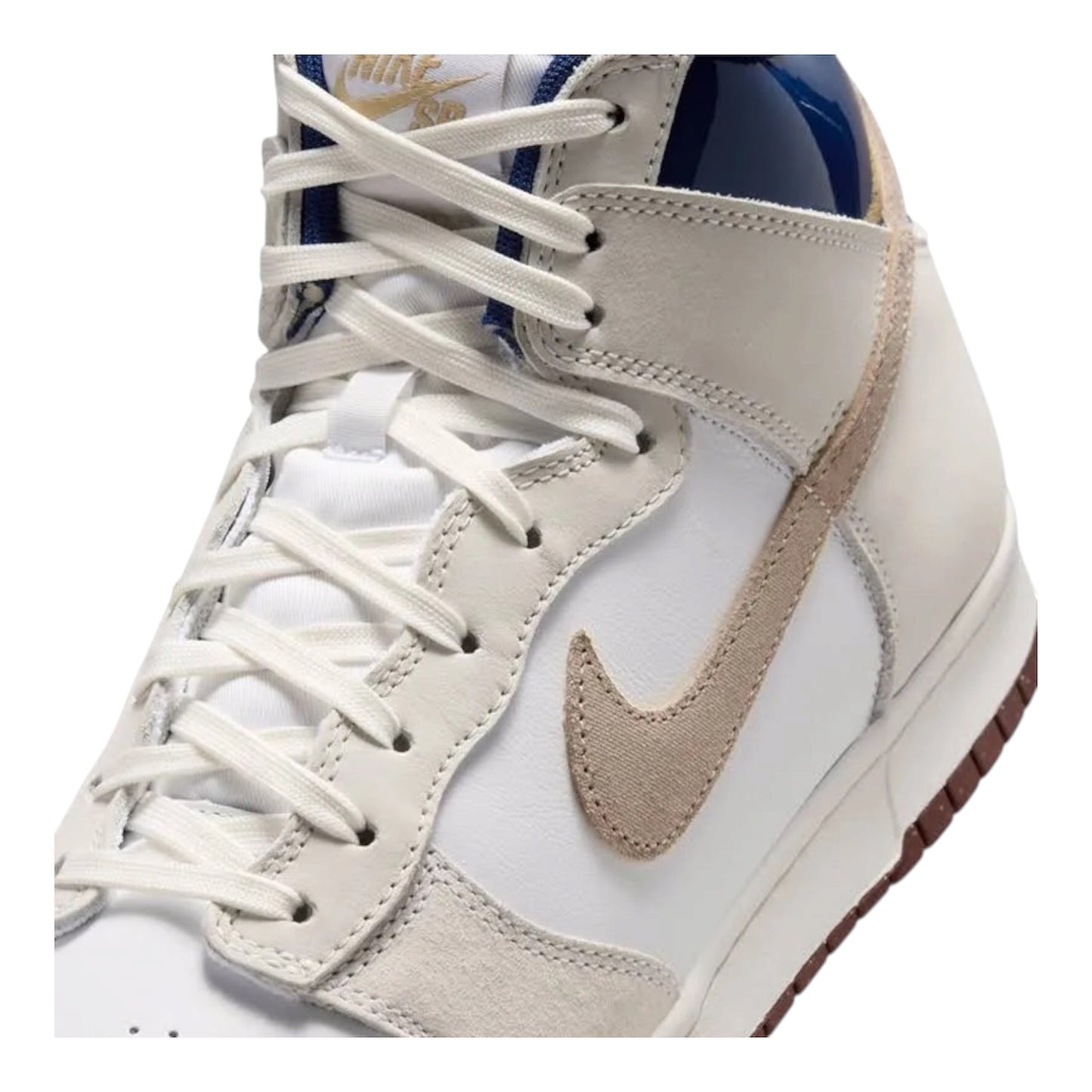 White high-top sneaker with blue collar, tan suede panel, and white lace-up front
