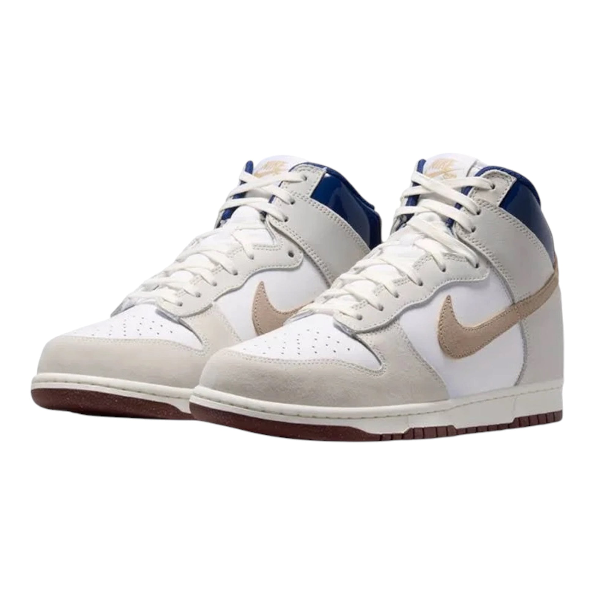 Front three-quarter view of white and blue high-top sneakers with tan swoosh details