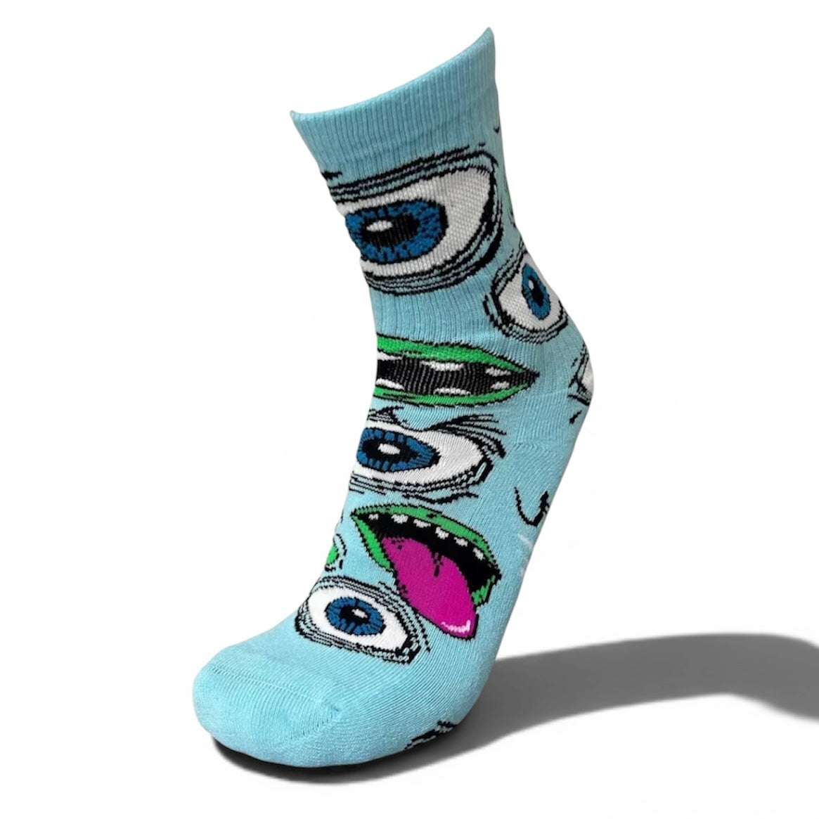 Light blue mutant graphic crew sock with cartoon face and eyes