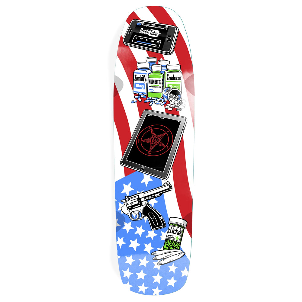 Patriotic graphic skateboard deck with red, white, and blue stars and black emblem art
