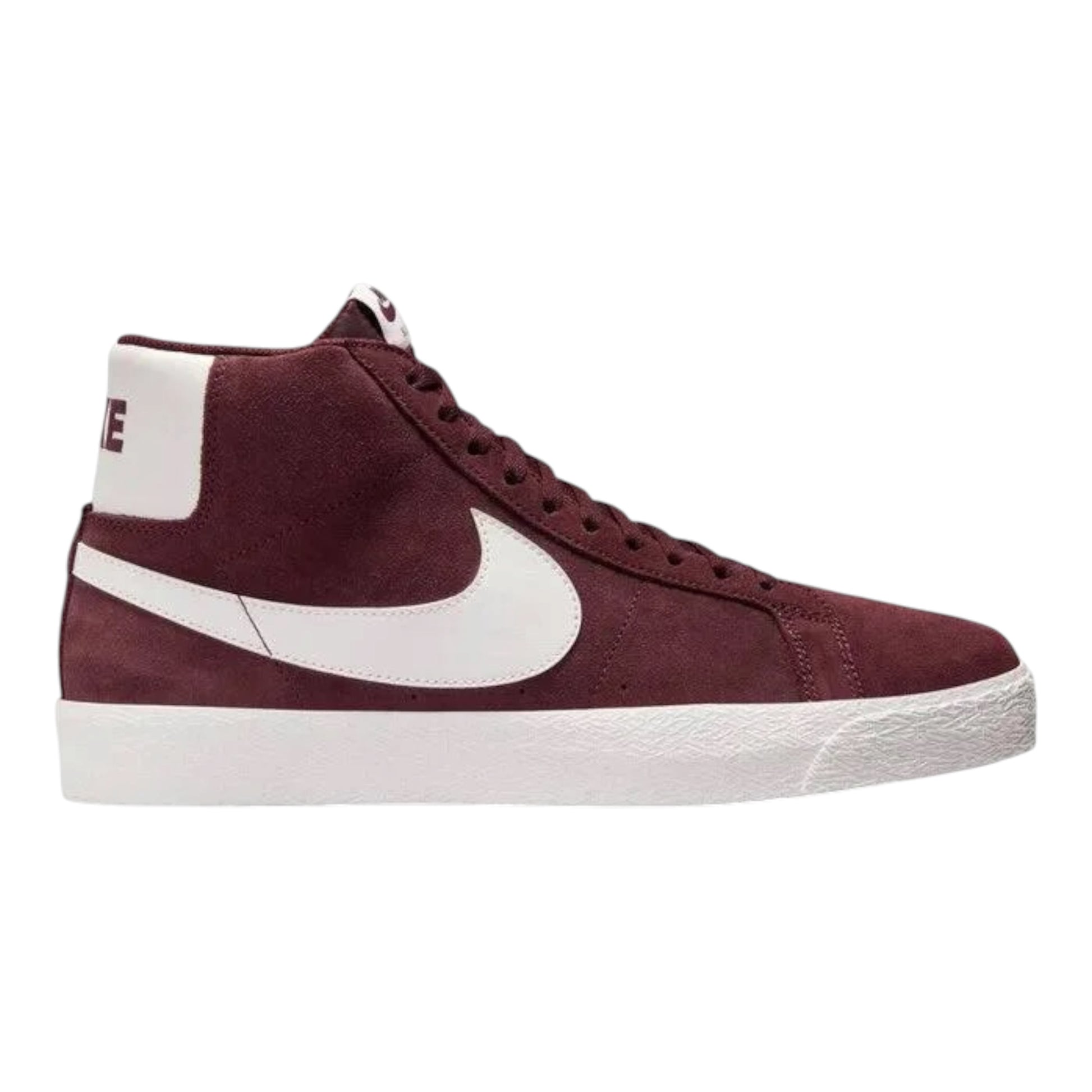 Burgundy mid-top sneaker with white Swoosh and heel patch