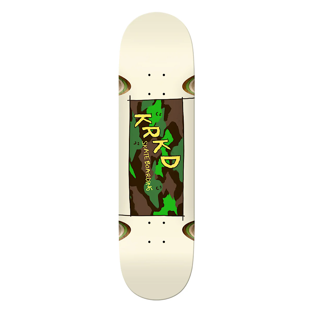 Skateboard deck with green and brown camo graphic, yellow accents, cream base.