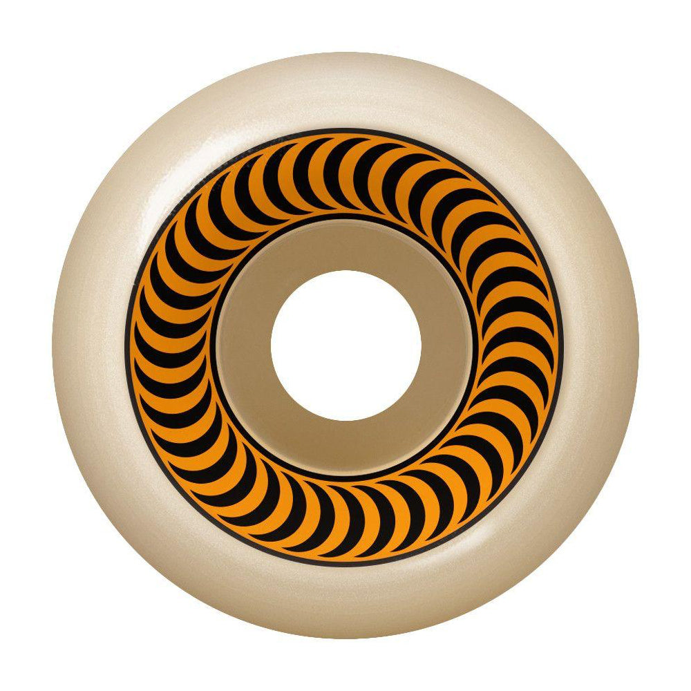 Skate wheel with tan rim and orange swirl graphic around center hole