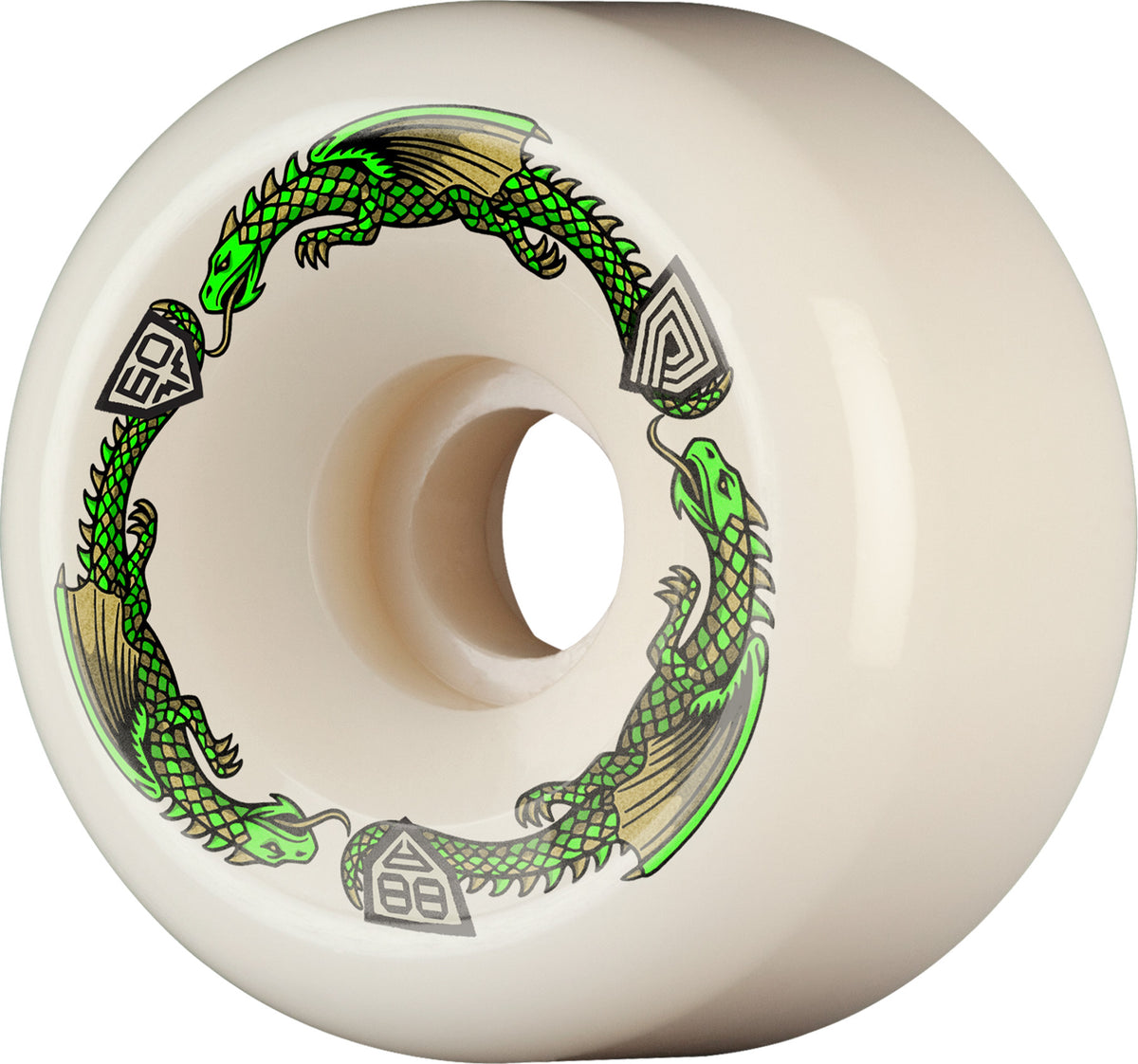 Off-white skateboard wheel with green dragon graphic, slightly angled view.