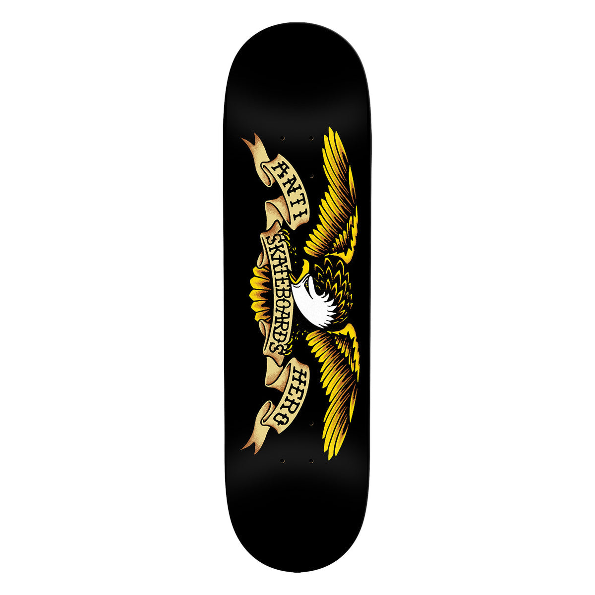 Skateboard deck with black background and gold eagle graphic