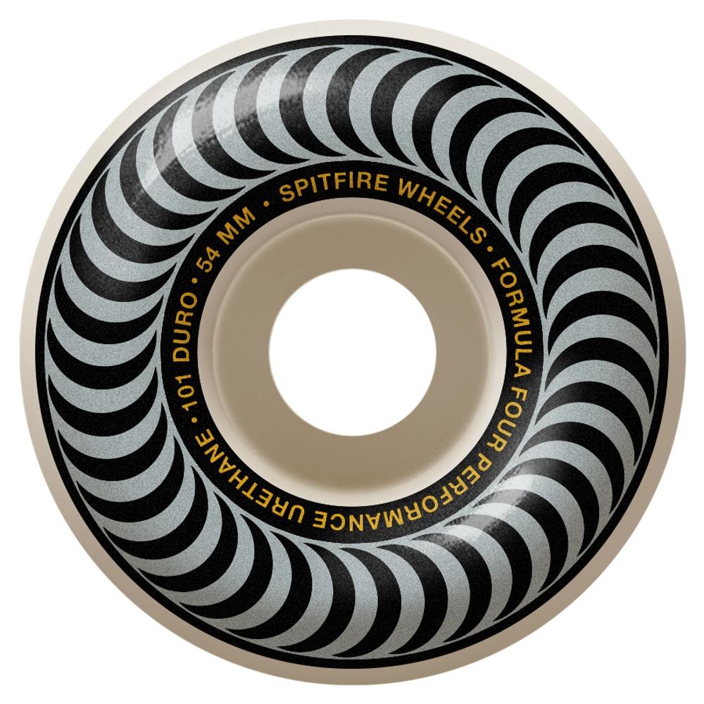 Skateboard wheel with black and gray swirl graphic and circular logo text