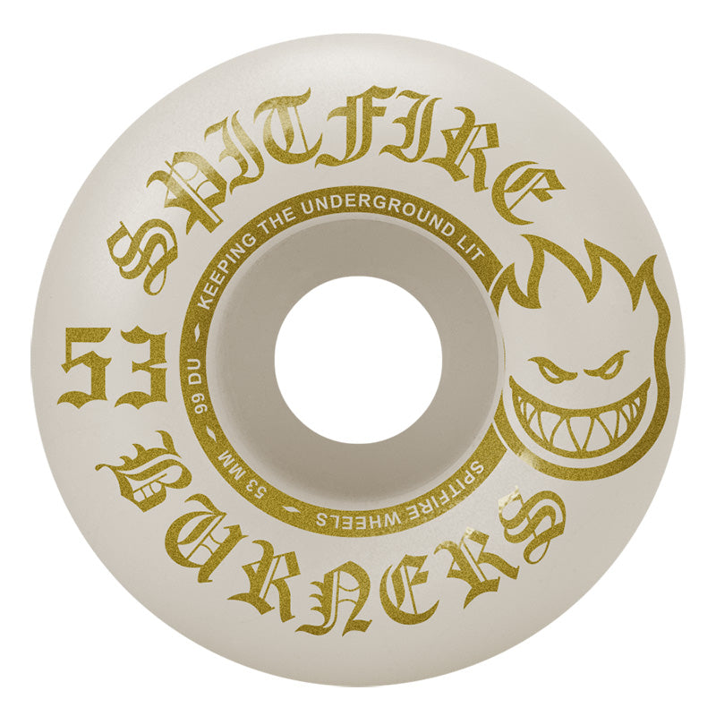 Light gray skateboard wheel with gold graphic and number 51 on the face