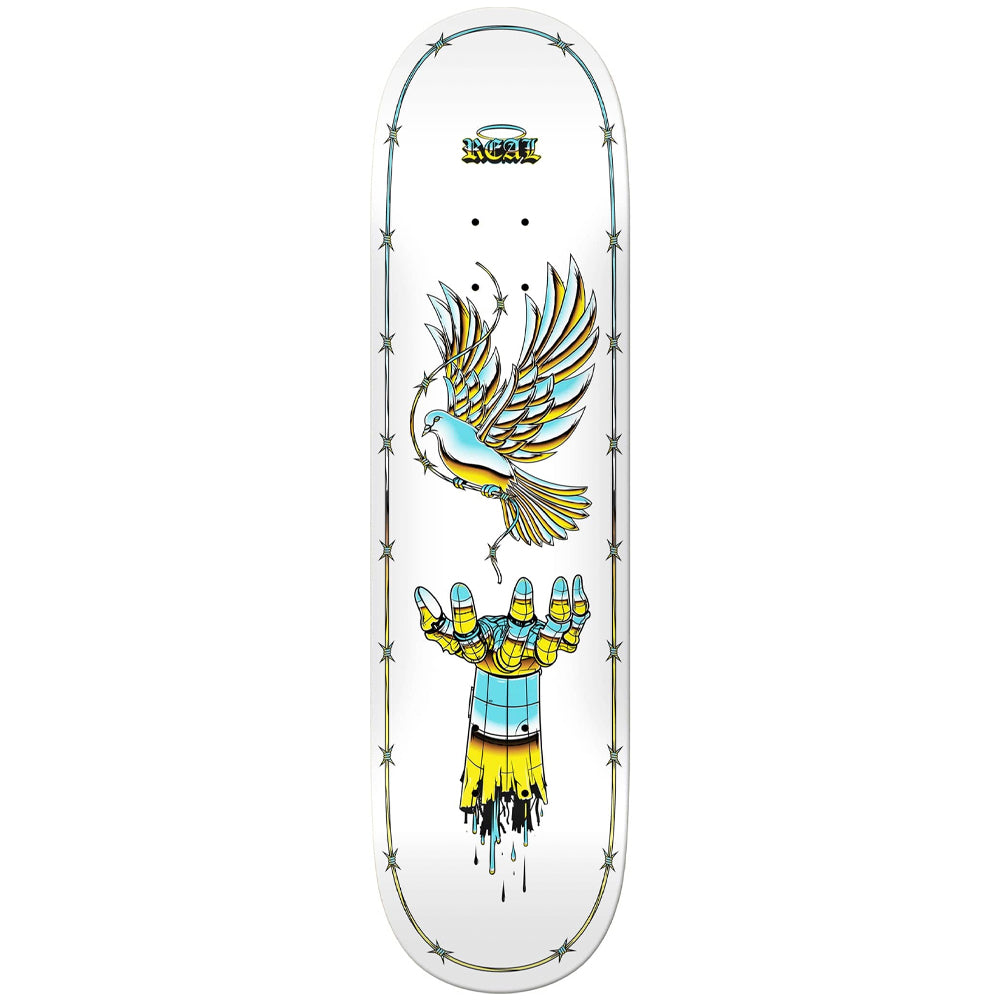 White skateboard deck with gold angel wing graphic and star accents