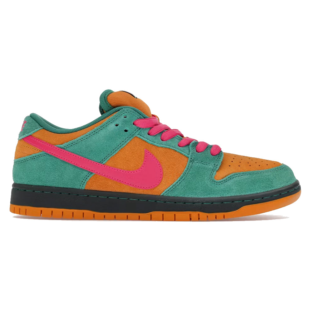 Nike Dunk Low Pro sneakers with green suede, orange panels, pink swoosh, black sole